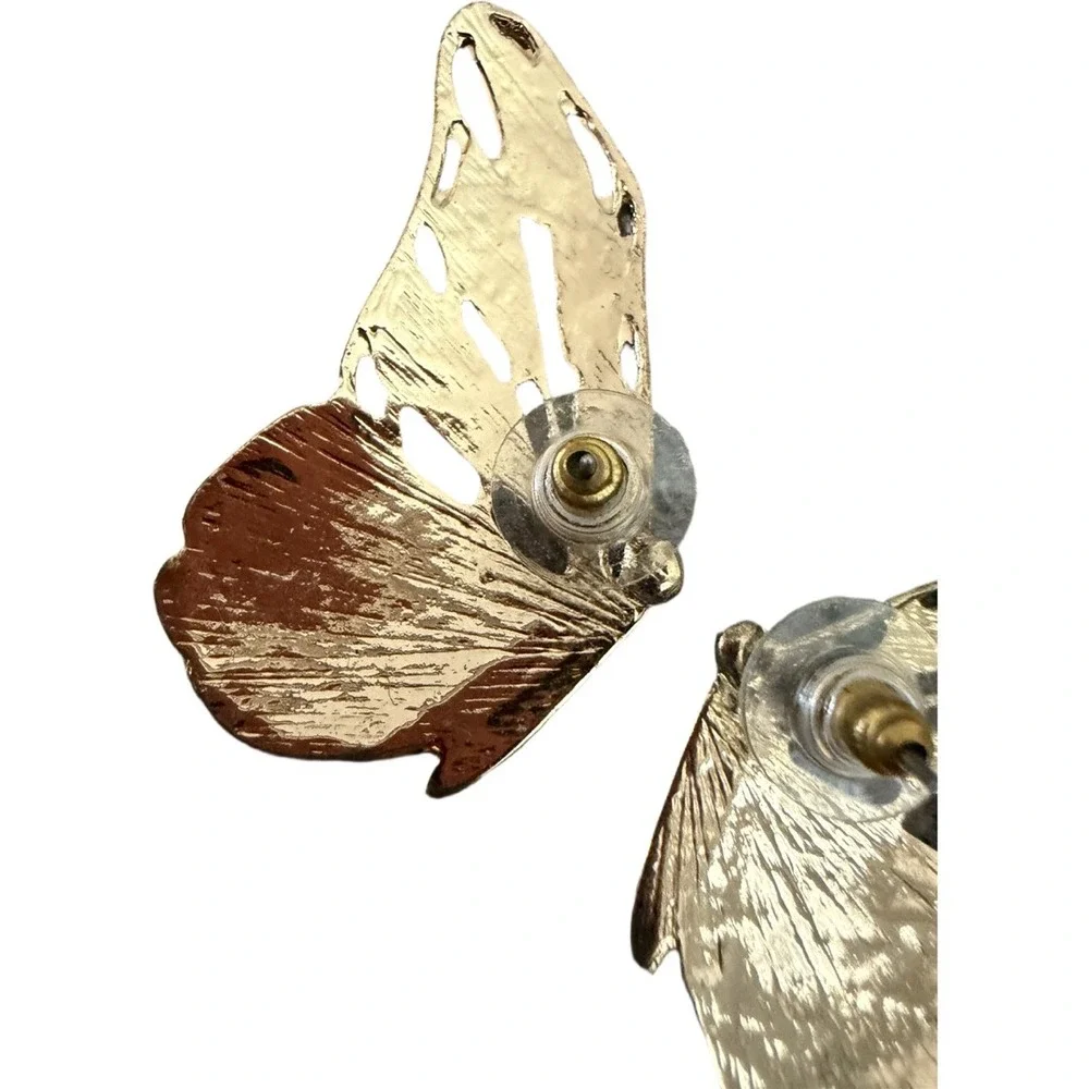Monarch Butterfly Stud Earrings Gold Tone Enamel Orange Black Statement Jewelry